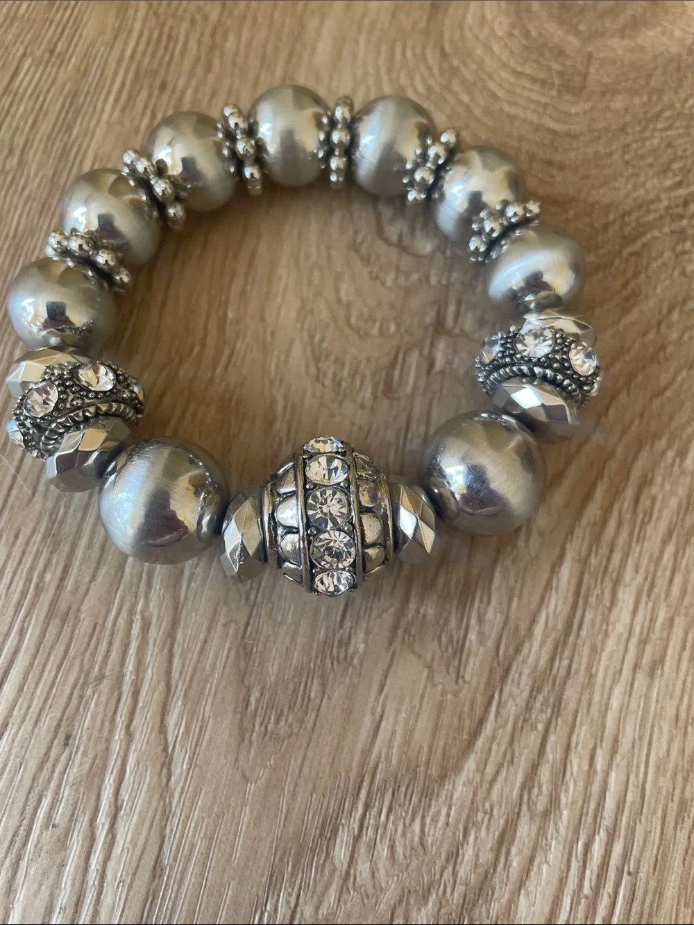 Rhinestone-Accented Silver Bead Necklace and Bracelet Set